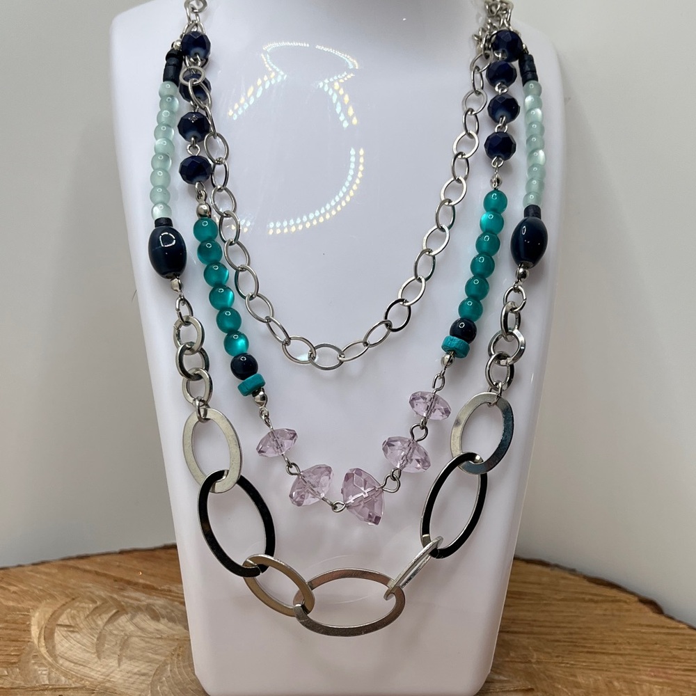 Elegant Multi-Color Triple Strand Beaded Necklace